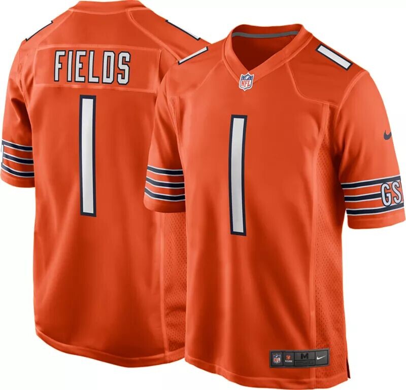 

Мужское джерси Nike Chicago Bears Justin Fields #1 оранжевого цвета для игры
