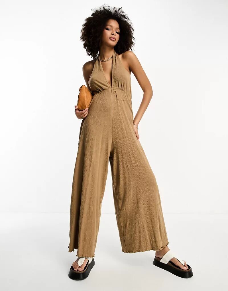 

Комбинезон цвета мокко из джерси с оборками ASOS