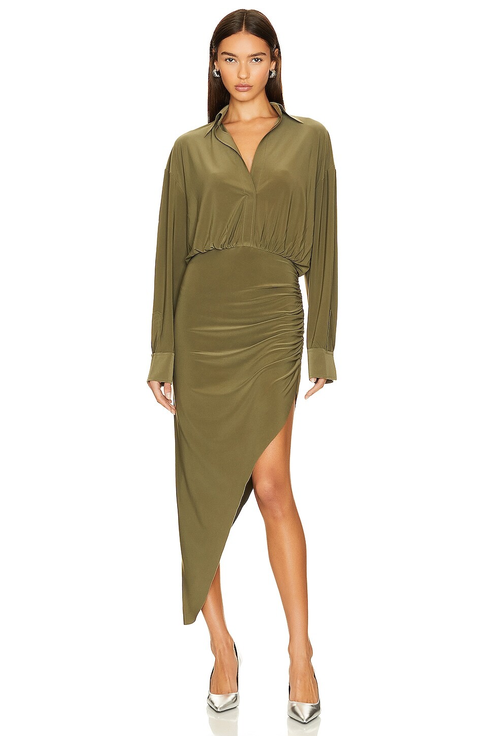 цена Платье Norma Kamali Oversized Boyfriend Shirt Side Drape Gown, милитари