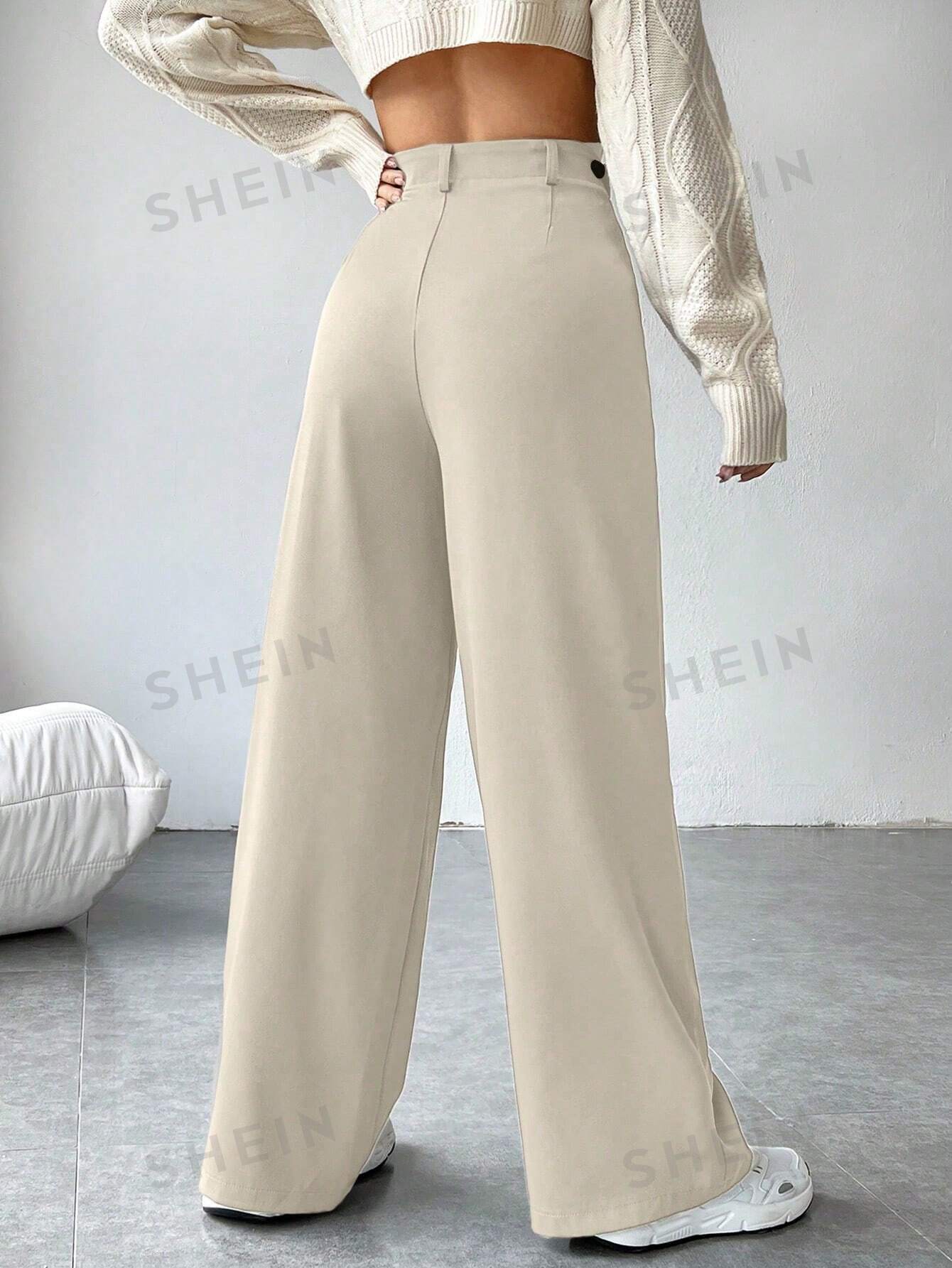 цена SHEIN EZwear Женские однотонные плиссированные костюмные брюки, абрикос