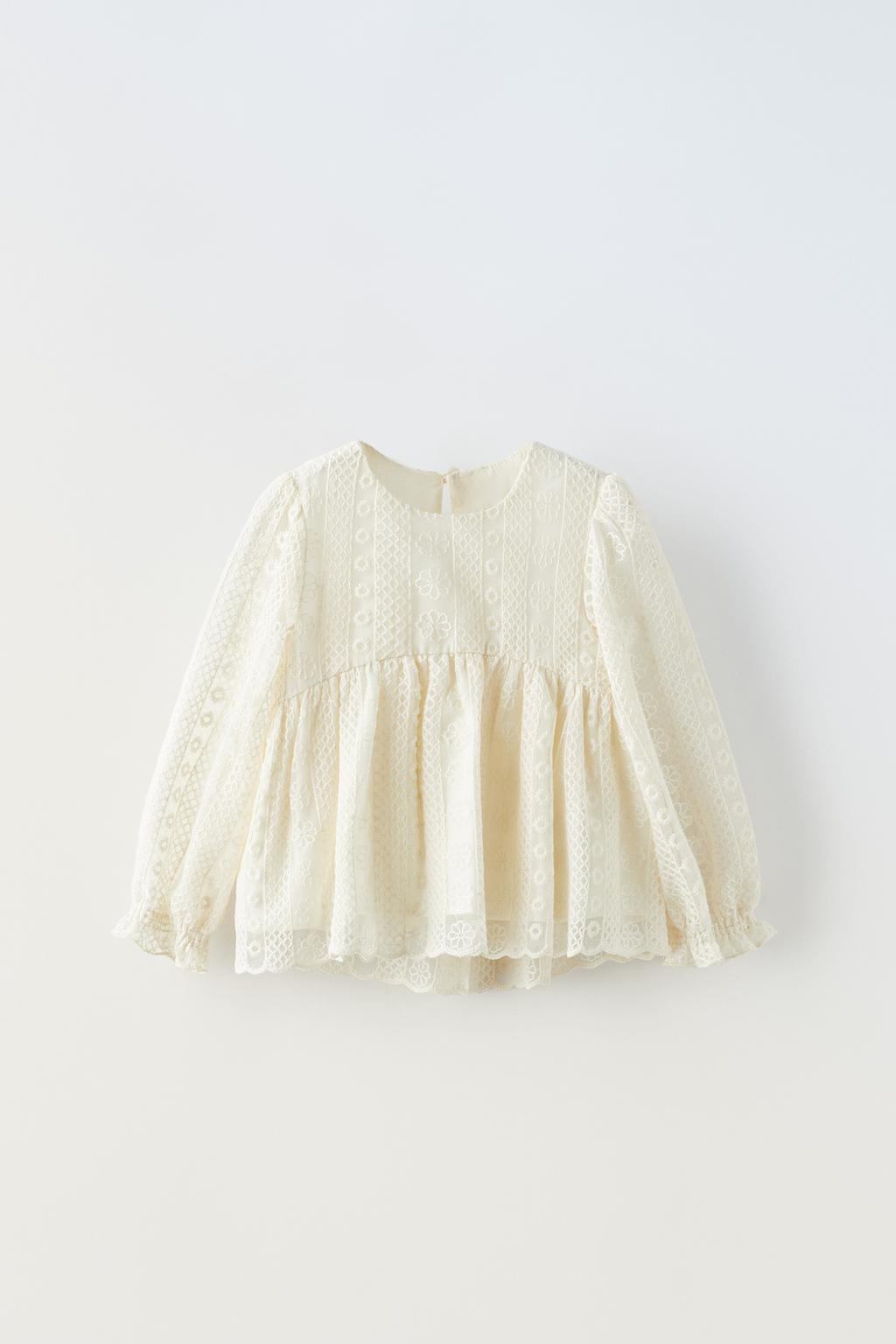 Романтическая блузка ZARA, экрю блузка с круглым вырезом и отделкой помпонами 10 лет 138 см бежевый