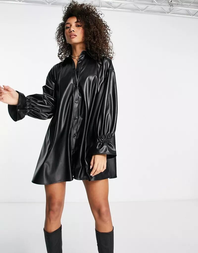 

Черное платье-рубашка оверсайз под кожу ASOS
