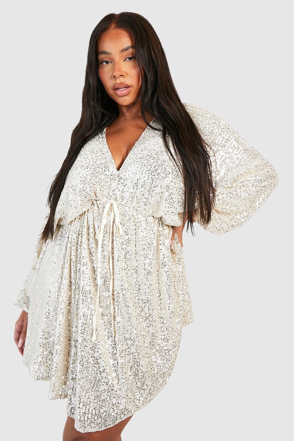 

Свободное платье с блузкой и рукавами с пайетками и оборками boohoo, бежевый