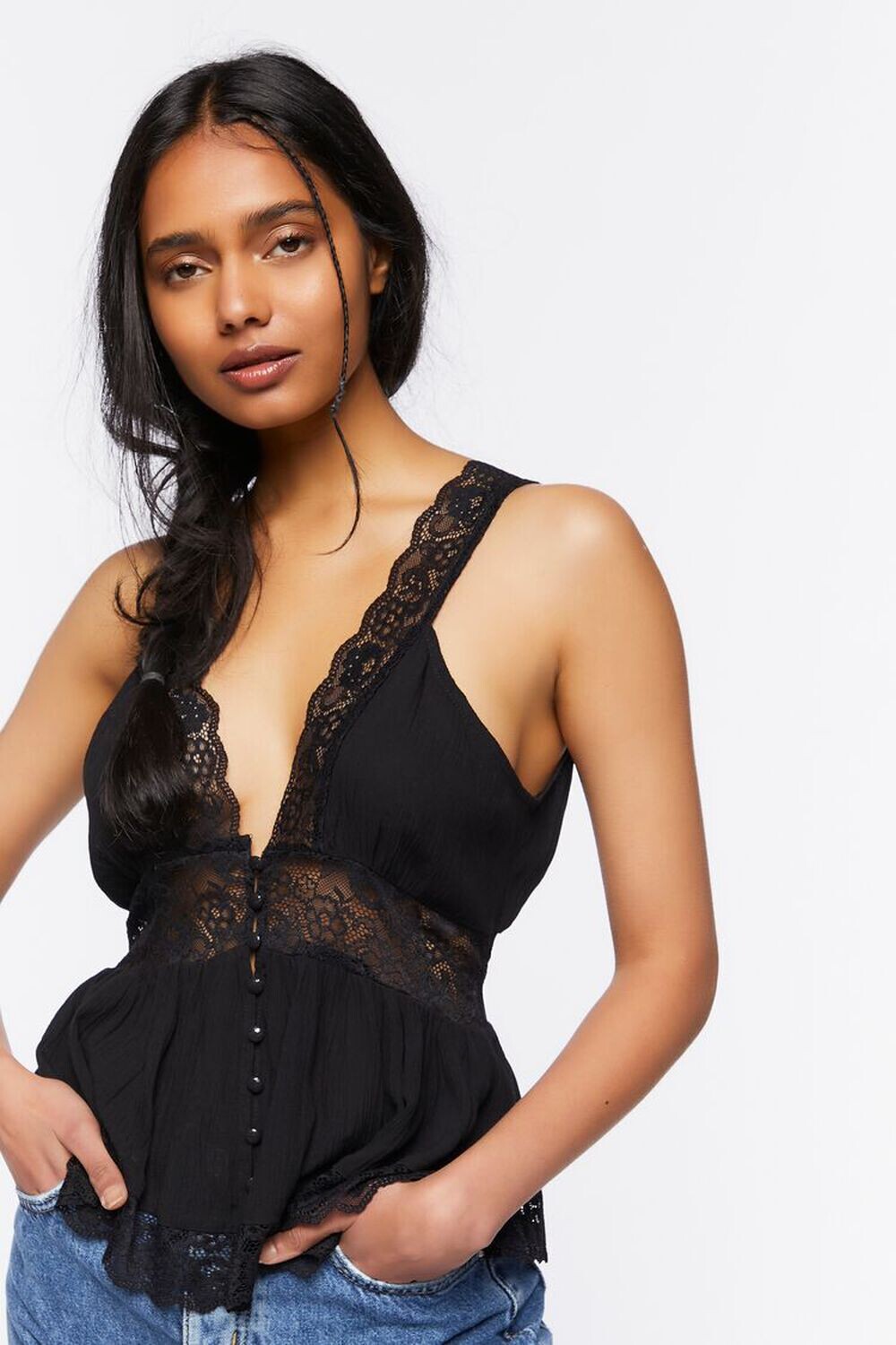 

Кружевной топ с глубоким вырезом Forever 21, черный