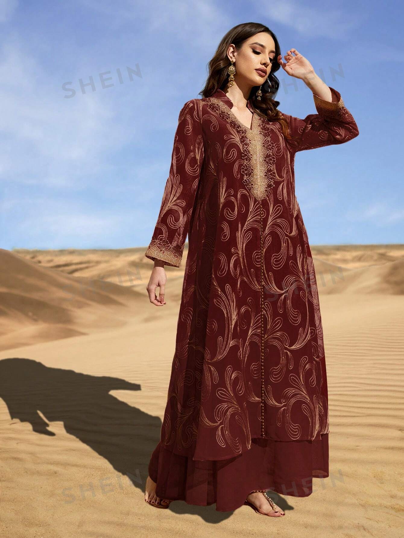 SHEIN Najma Платье свободного кроя с вышивкой и зубчатым воротником, бургундия женское вечернее платье до щиколотки с v образным вырезом и длинными рукавами