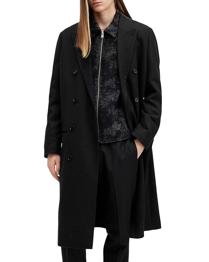 

Двубортное пальто ALLSAINTS Arcade из смесовой шерсти в тонкую полоску, черный