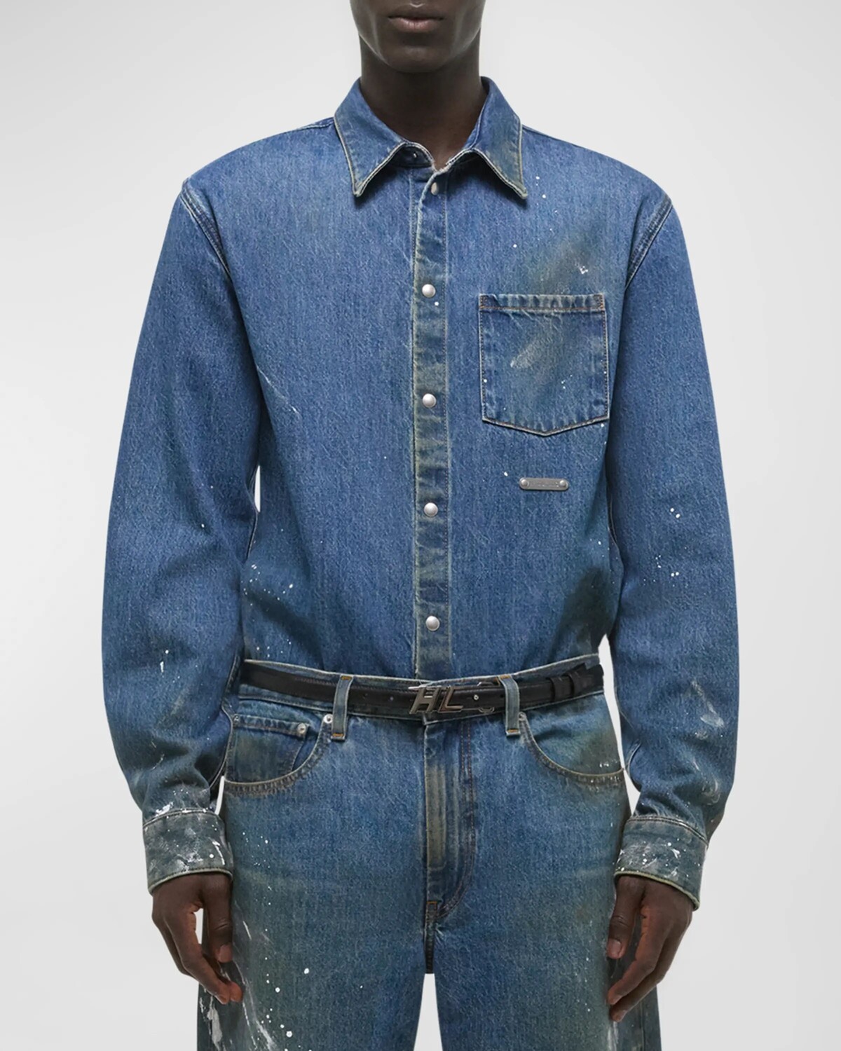 

Мужская джинсовая рубашка с брызгами краски Helmut Lang, цвет Mid Indigo Painter