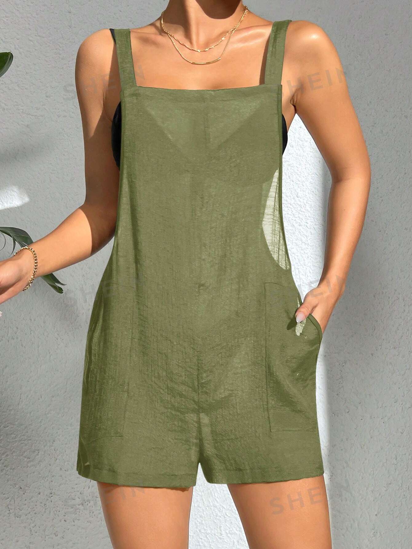 SHEIN Swim BohoFeel однотонный свободный комбинезон для женщин с карманом, зеленый shein ezwear женский однотонный комбинезон без рукавов с квадратным вырезом коричневый