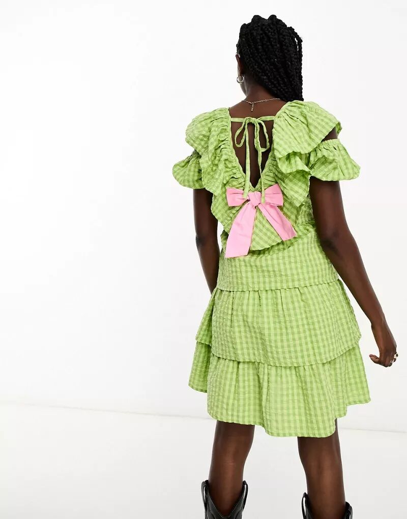 Неоново-розово-зеленое мини-платье в мелкую клетку с рюшами и контрастными бантами Neon Rose