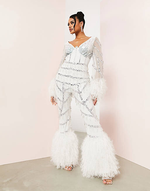 

Белый комбинезон широкого кроя с отделкой из искусственных перьев ASOS LUXE