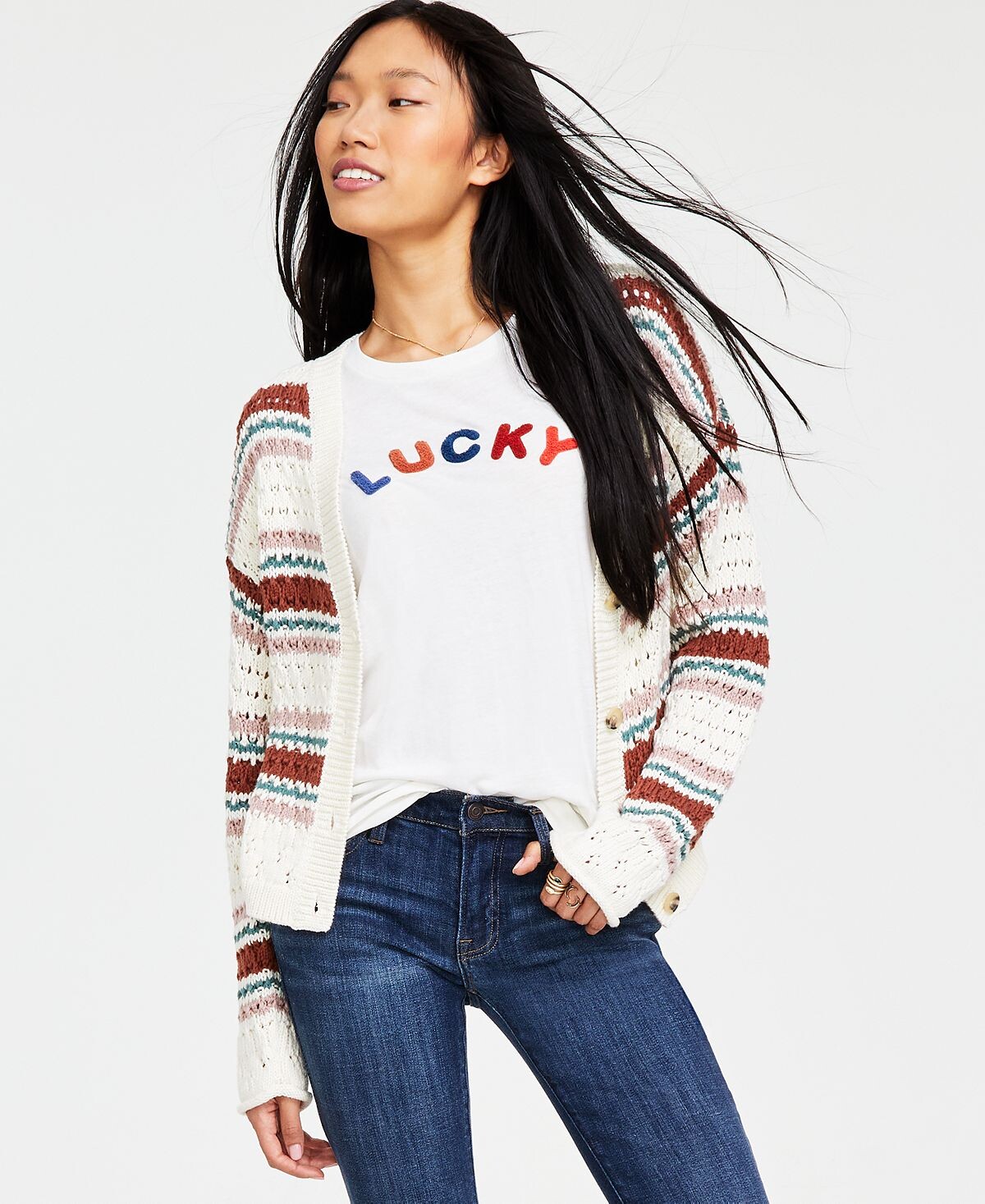 

Женский полосатый вязаный кардиган на пуговицах спереди Lucky Brand