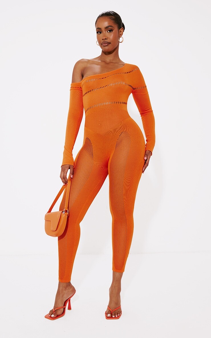 

PrettyLittleThing Оранжевый вязаный комбинезон с вырезами Shape Orange Bardot