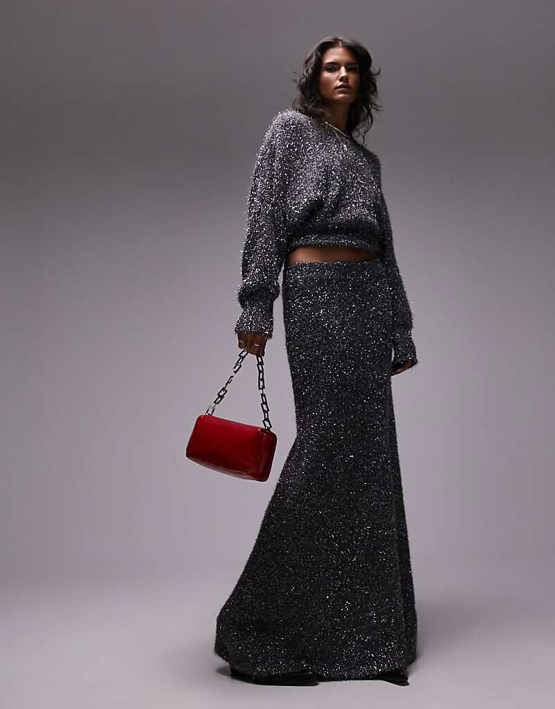 

Темно-угольная трикотажная юбка-мишура Topshop