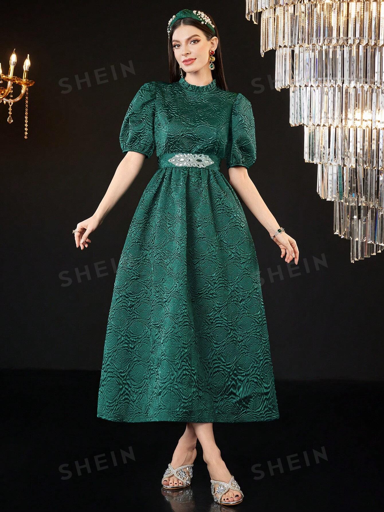 SHEIN Modely женское однотонное жаккардовое платье с объемными рукавами и украшением из страз, темно-зеленый цена и фото