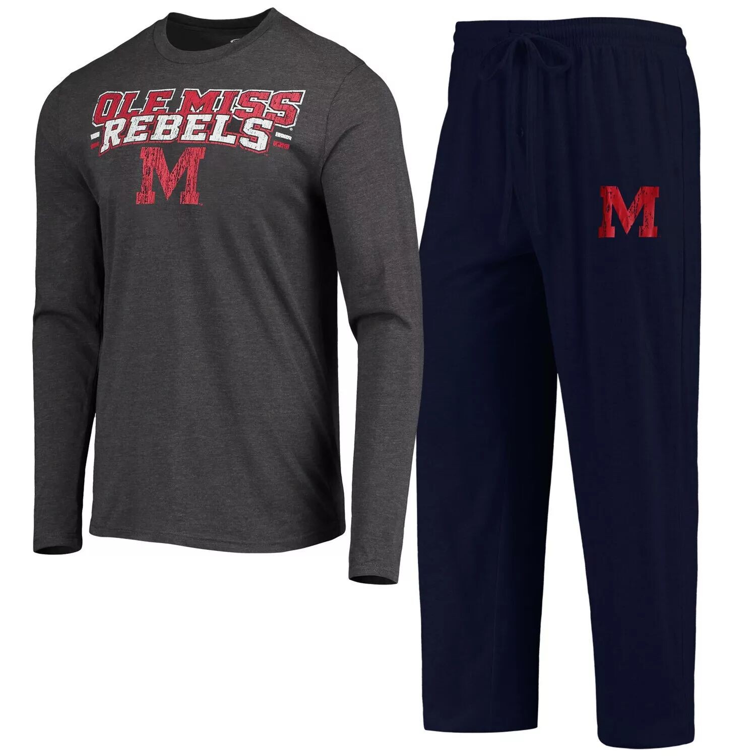

Мужская спортивная футболка темно-синего цвета/темно-серого цвета Ole Miss Rebels Meter с длинными рукавами и брюки, комплект для сна