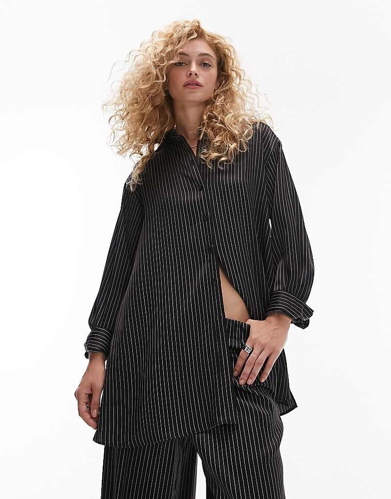 

Черная атласная рубашка в полоску Topshop Coord