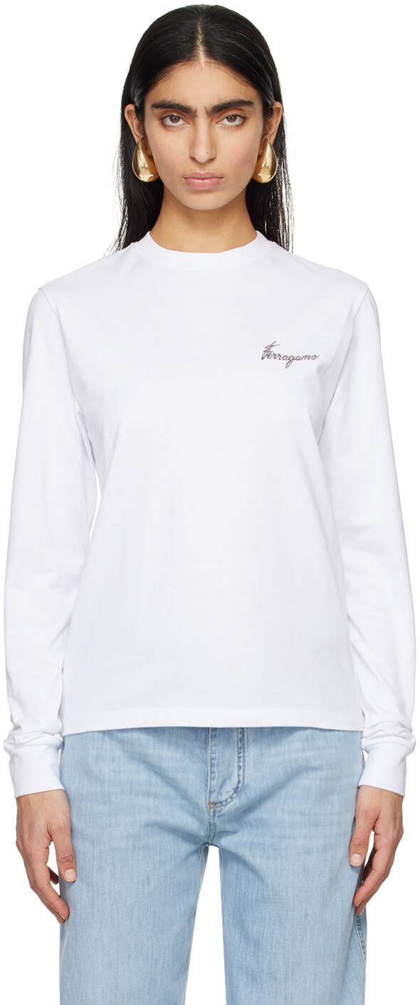 

Белая футболка с длинным рукавом с принтом Ferragamo