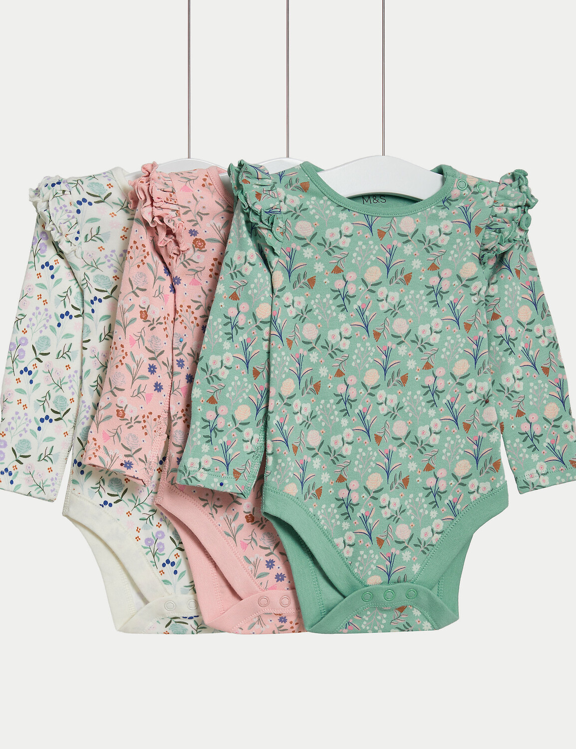 

3 комплекта боди из чистого хлопка с цветочным принтом (от 6½ фунтов до 3 лет) Marks & Spencer, розовый микс