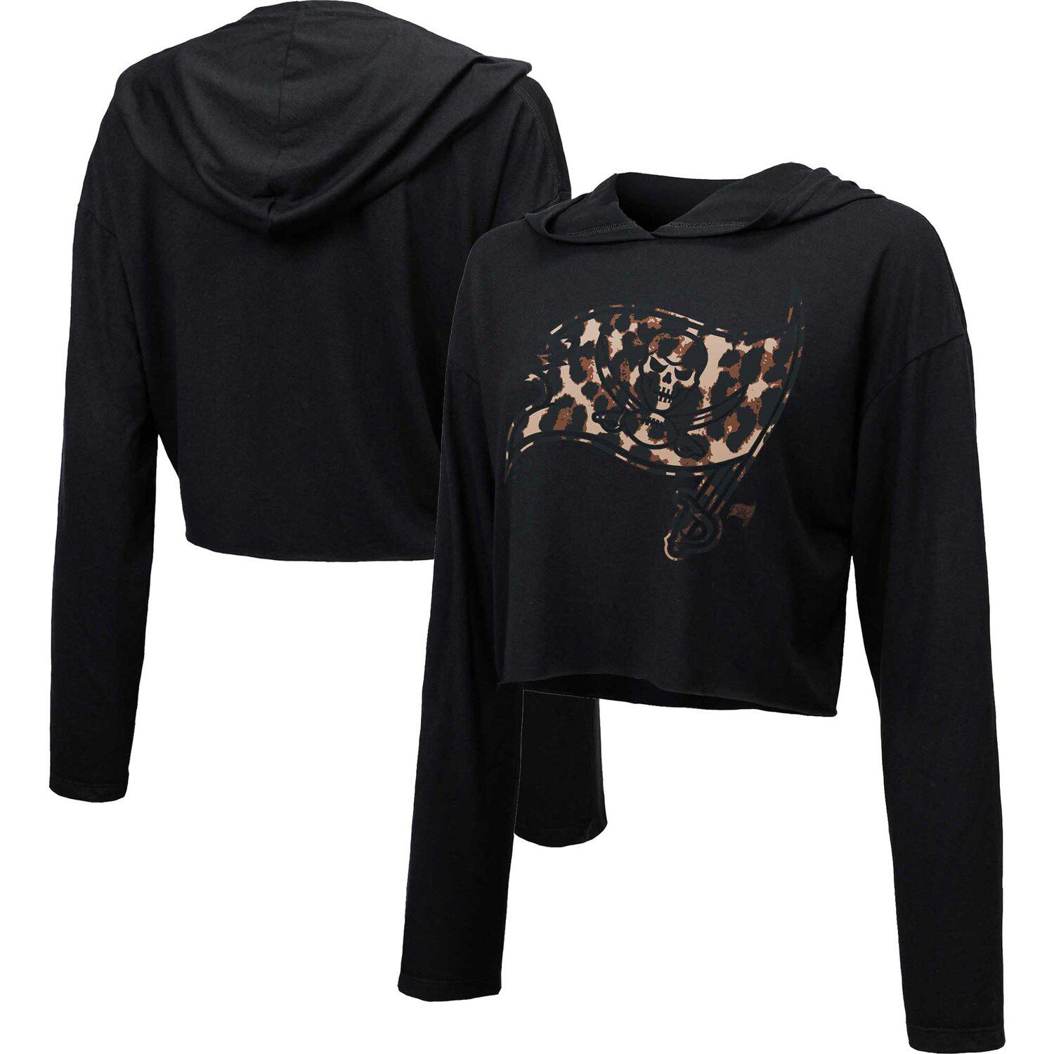 Женский укороченный пуловер с капюшоном с леопардовым принтом Majestic Threads черного цвета Tampa Bay Buccaneers Majestic