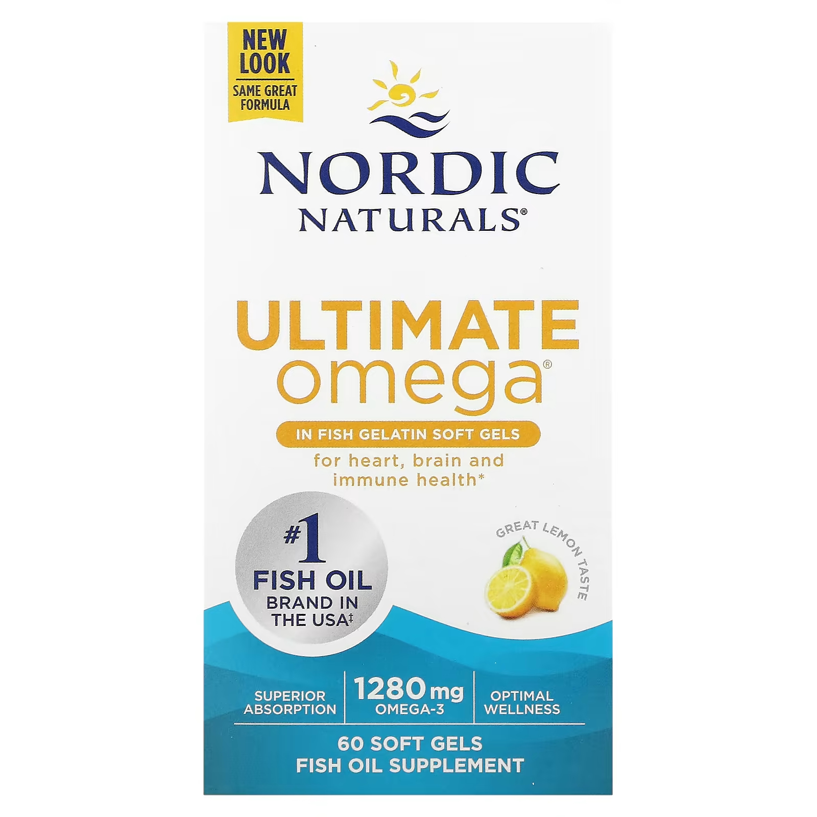 Nordic Naturals Ultimate Omega Lemon 1280 мг 60 мягких капсул из рыбного желатина (640 мг в мягкой капсуле) nordic naturals omega focus 1280 мг 60 мягких таблеток 640 мг на мягкую гель