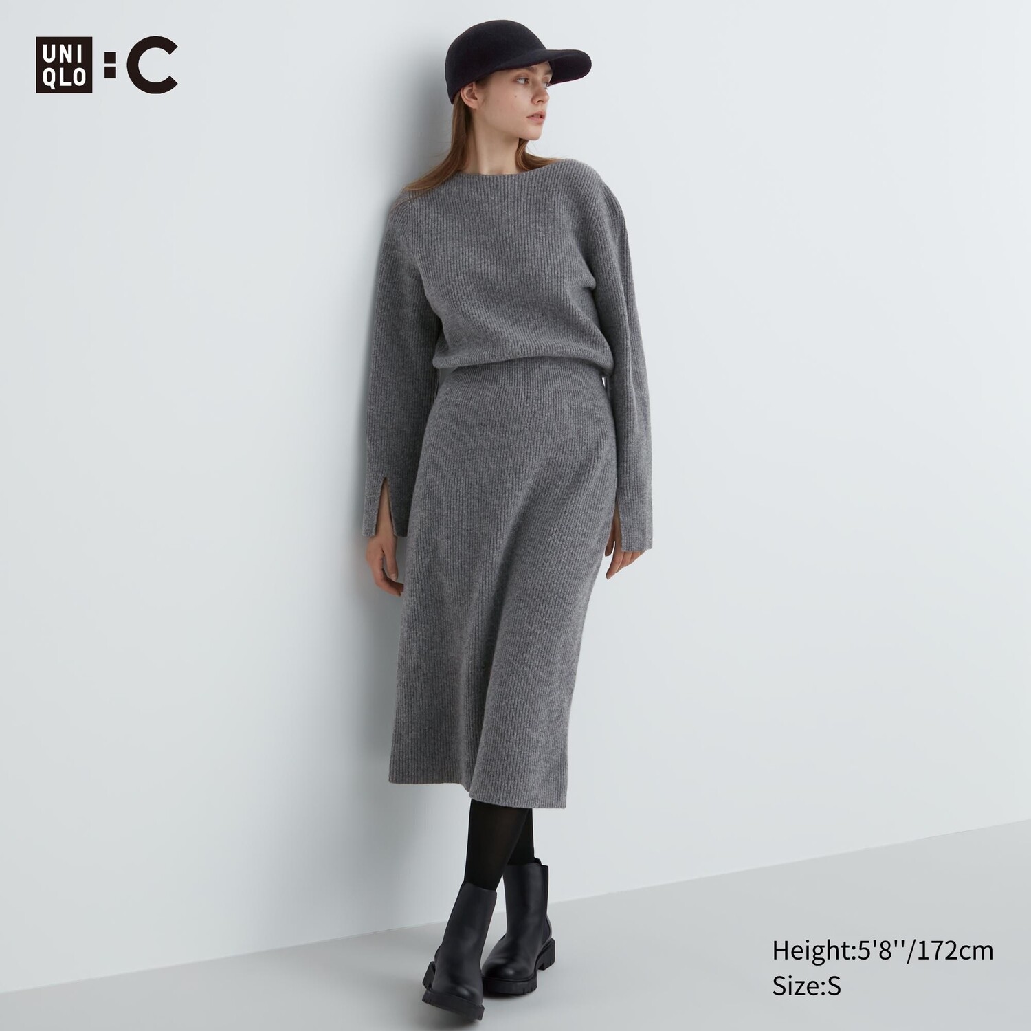 

Трикотажное платье с вырезом лодочкой и длинными рукавами Uniqlo, серый