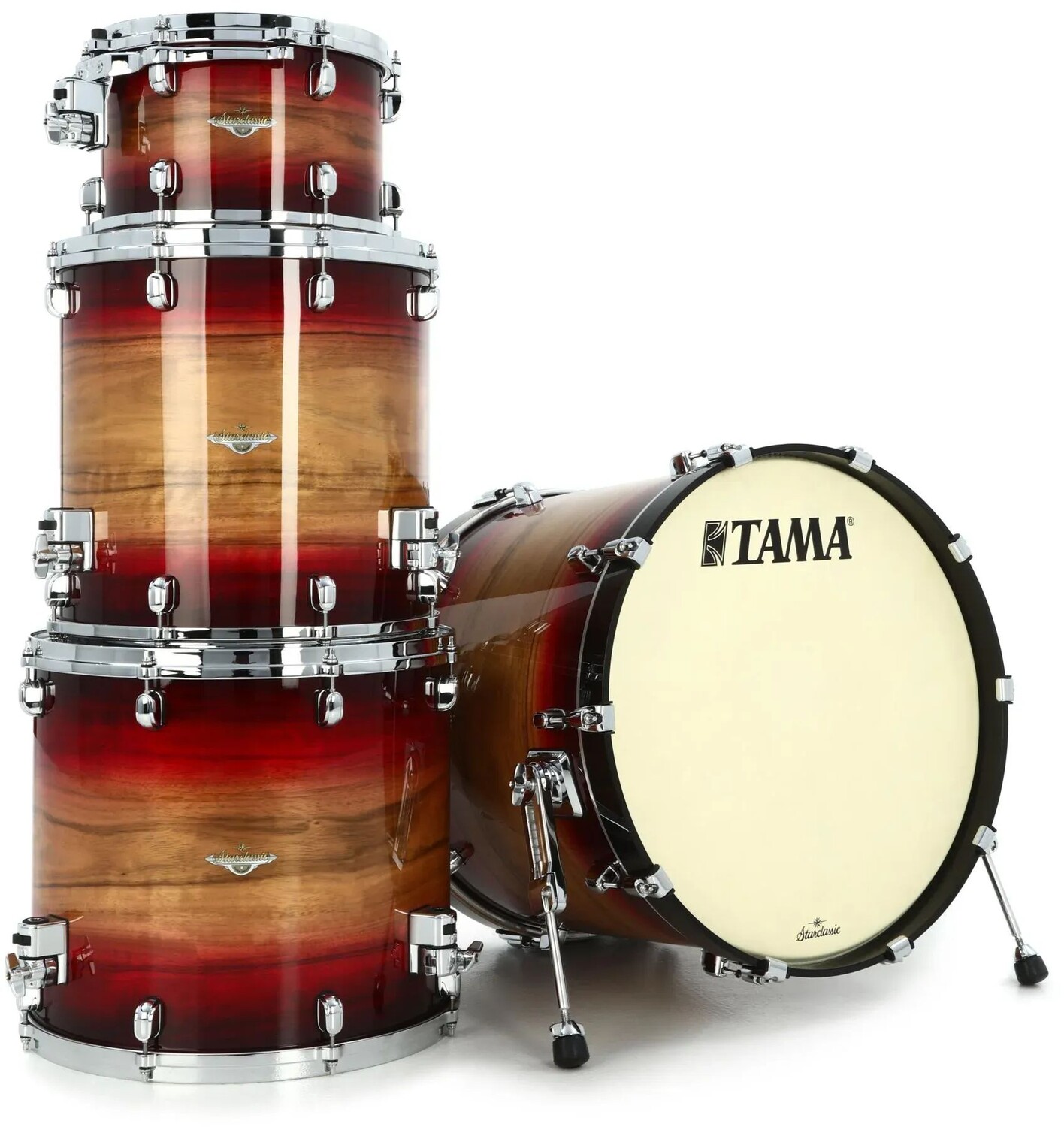 

Tama Starclassic Maple ME42ZSLRWB Набор из 4 предметов — Ruby Pacific Walnut Burst с хромированной фурнитурой