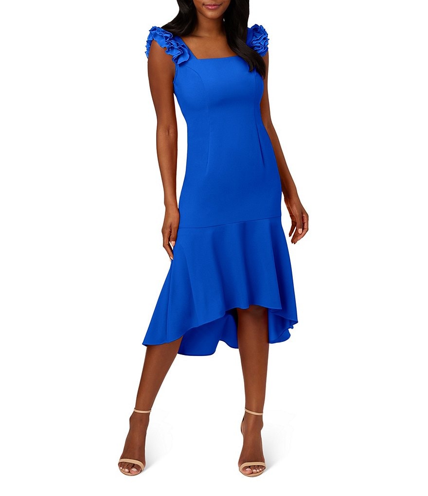 цена Атласное платье миди Adrianna Papell с длинными рукавами и рюшами, синий
