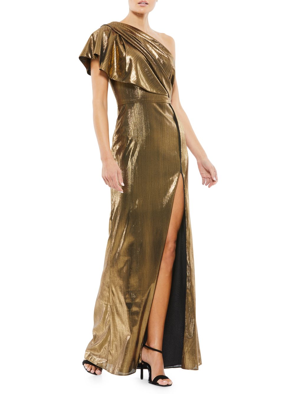 Платье из металлизированного джерси на одно плечо Mac Duggal, бронзовый