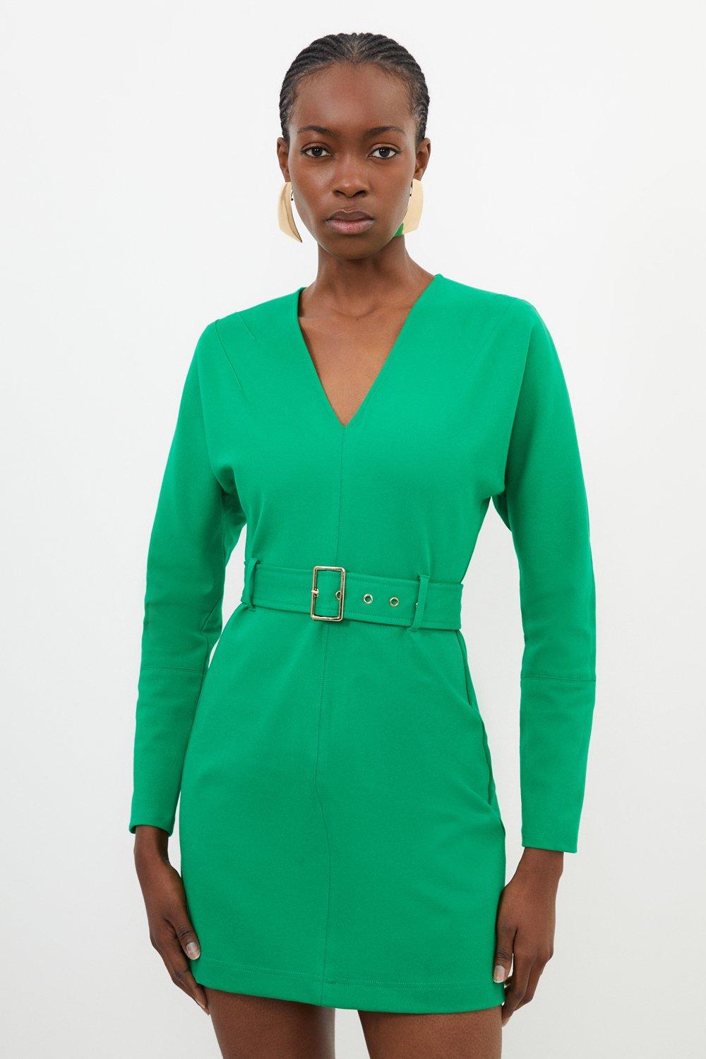 Мини-платье из джерси с V-образным вырезом и поясом Karen Millen, зеленый