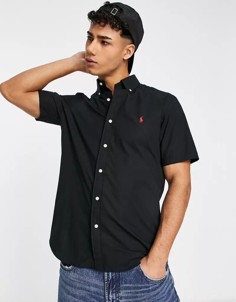 

Черная поплиновая рубашка с короткими рукавами и логотипом Polo Ralph Lauren, стандартного кроя