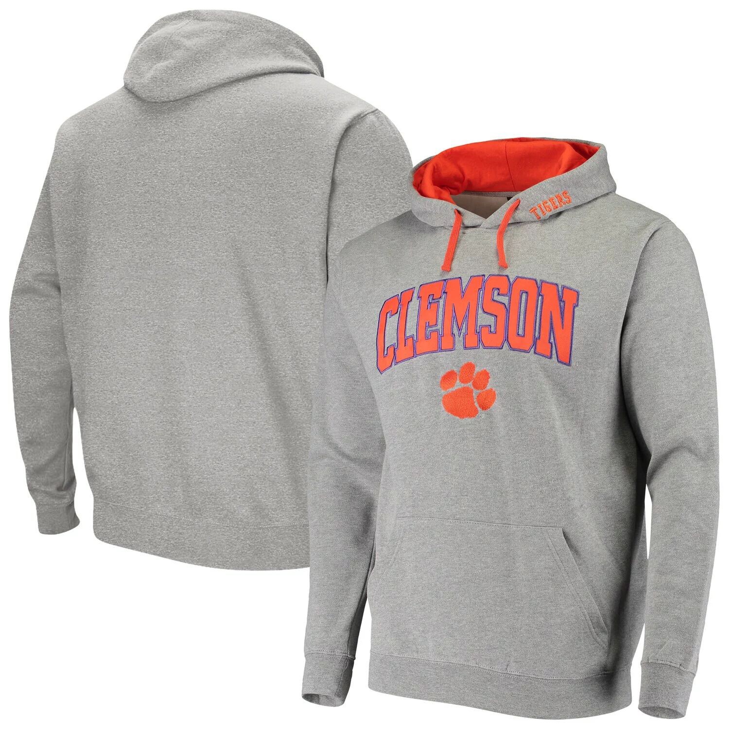 

Мужской серый пуловер с капюшоном Clemson Tigers Arch & Logo 2.0 с принтом меланжевого цвета Colosseum