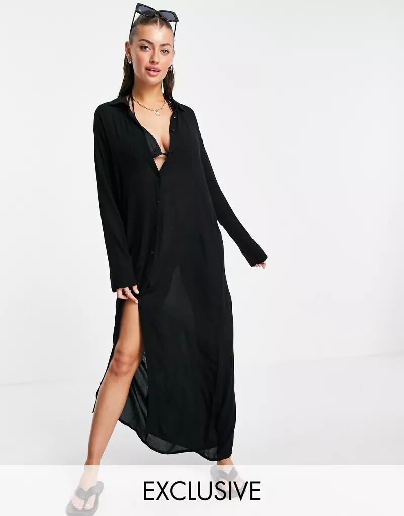Эксклюзивное черное летнее пляжное платье-рубашка макси Esmée