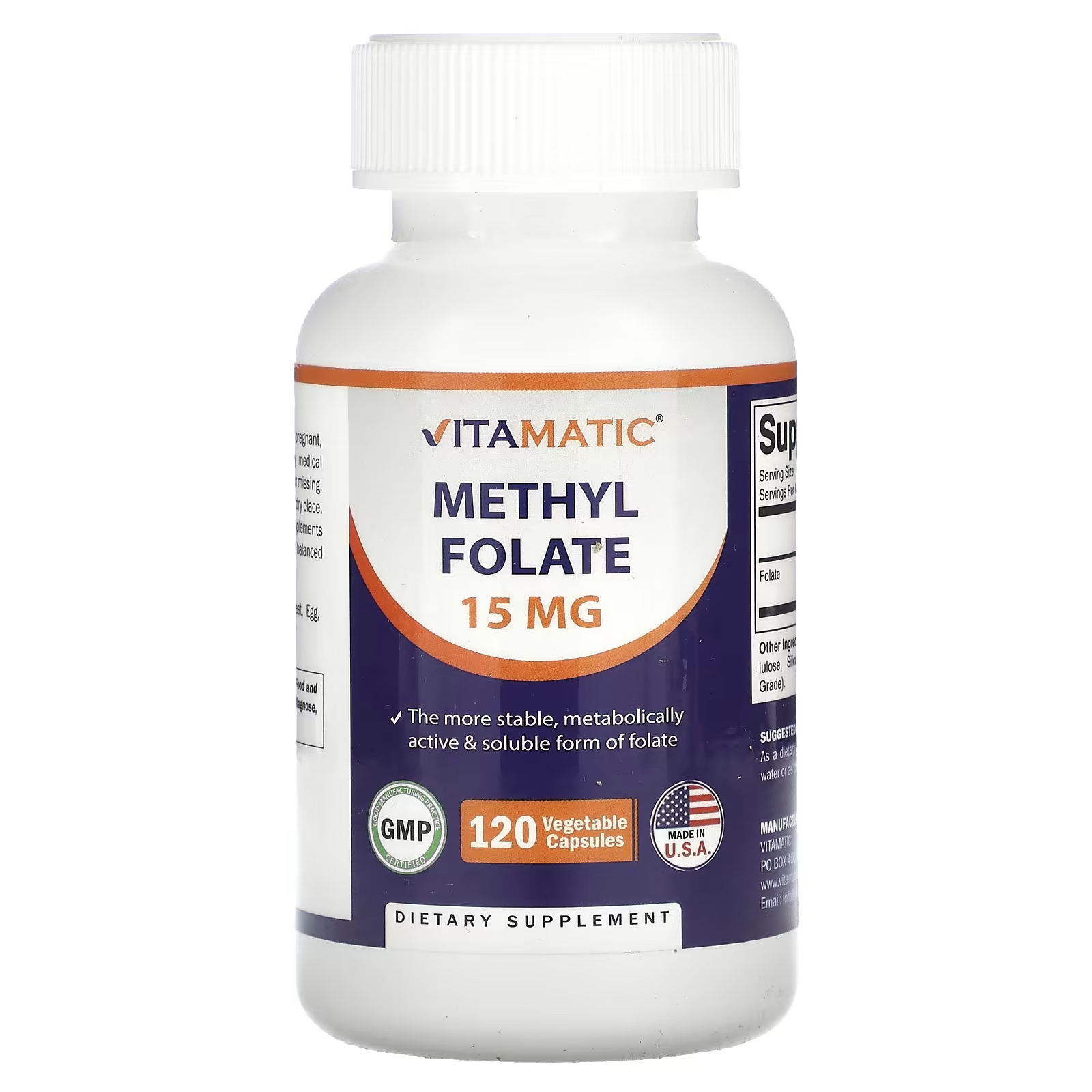 Метилфолат 15 мг Vitamatic, 120 растительных капсул vitamatic l треонин 500 мг 120 растительных капсул