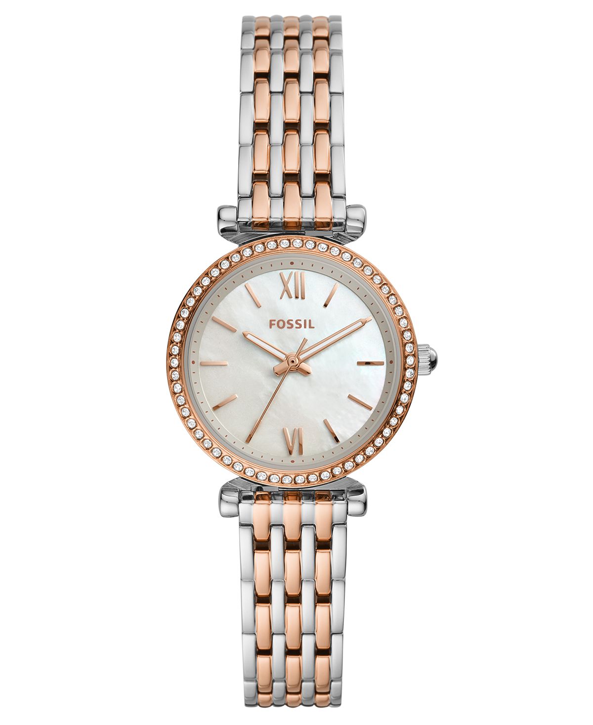 цена Женские мини-часы Carlie с двухцветным браслетом из нержавеющей стали, 28 мм Fossil