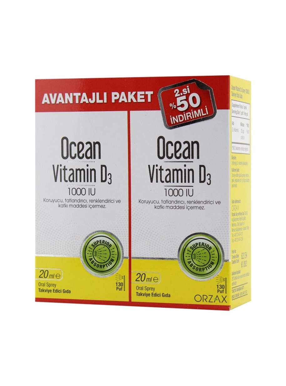 цена Ocean Vitamin D3 1000 МЕ 2 упаковки 20 мл спрей ORZAX