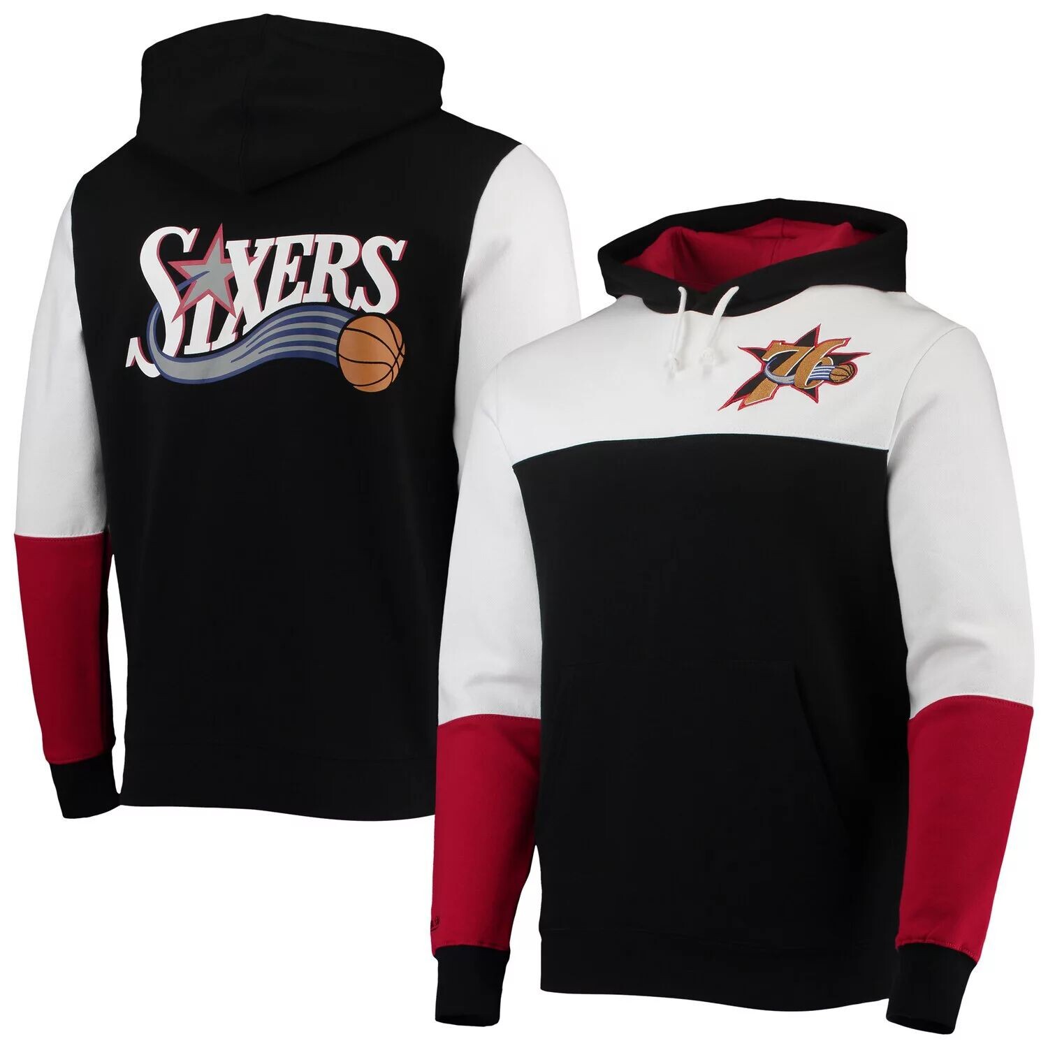 

Мужской черный пуловер с капюшоном Mitchell & Ness Philadelphia 76ers Hardwood Classics Fusion 2.0 с цветными блоками
