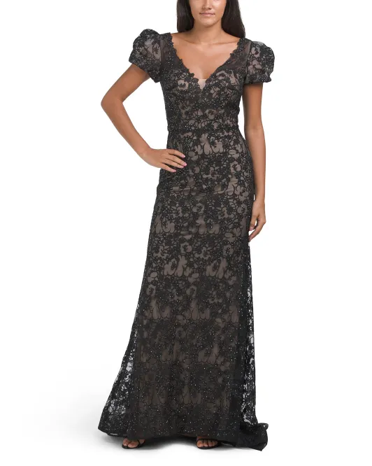 

Кружевное платье-раструб с короткими рукавами Mac Duggal, черный