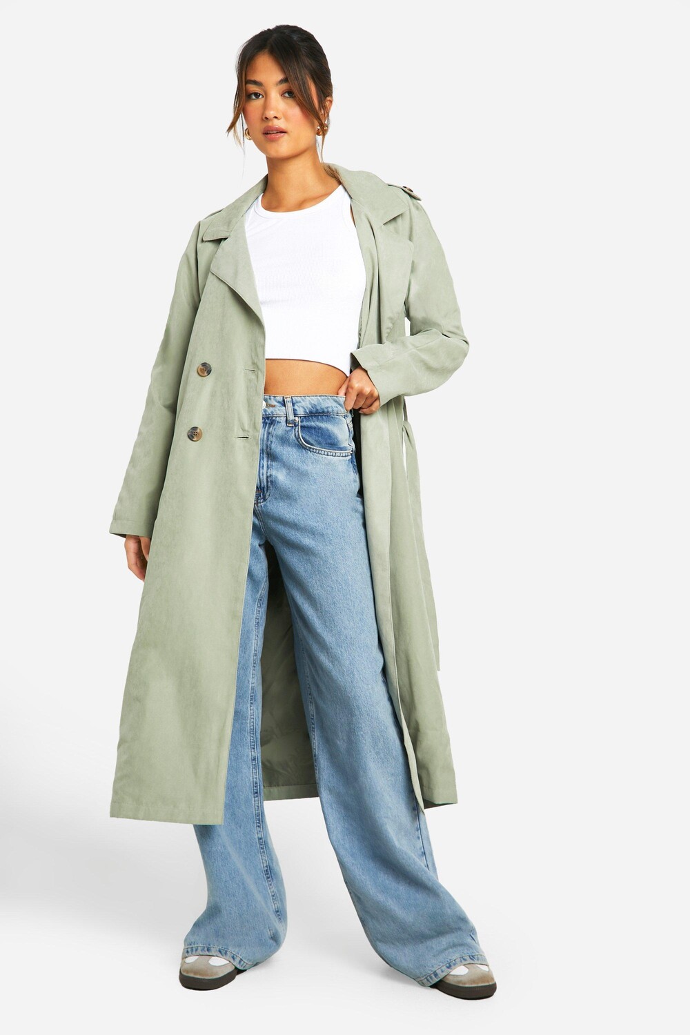 

Тренч с поясом boohoo, зеленый