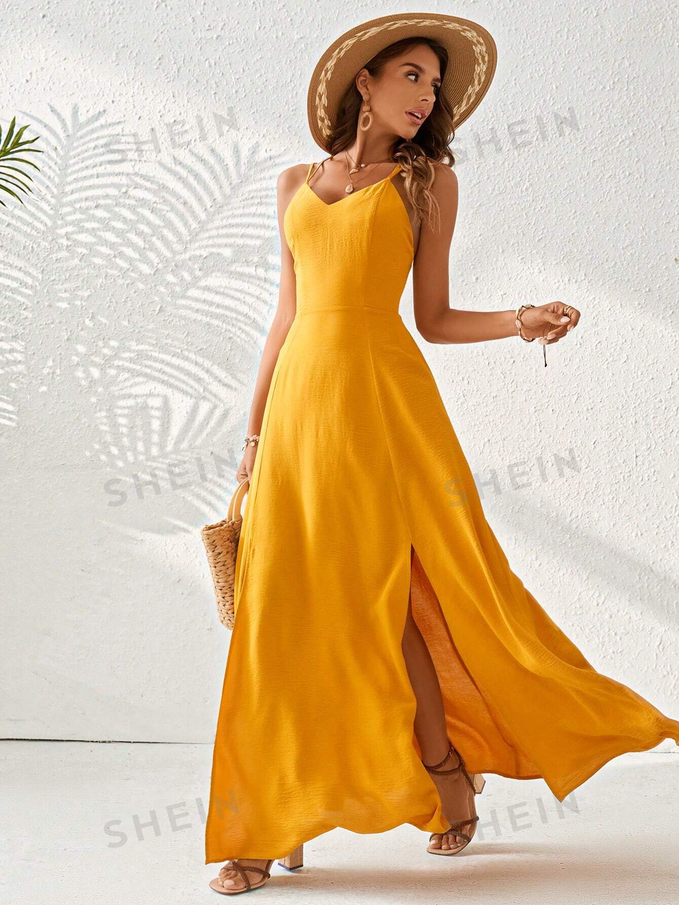 цена SHEIN VCAY SHEIN Vcay однотонное женское платье макси в стиле отпуска в стиле кантри для концерта в стиле кантри, желтый