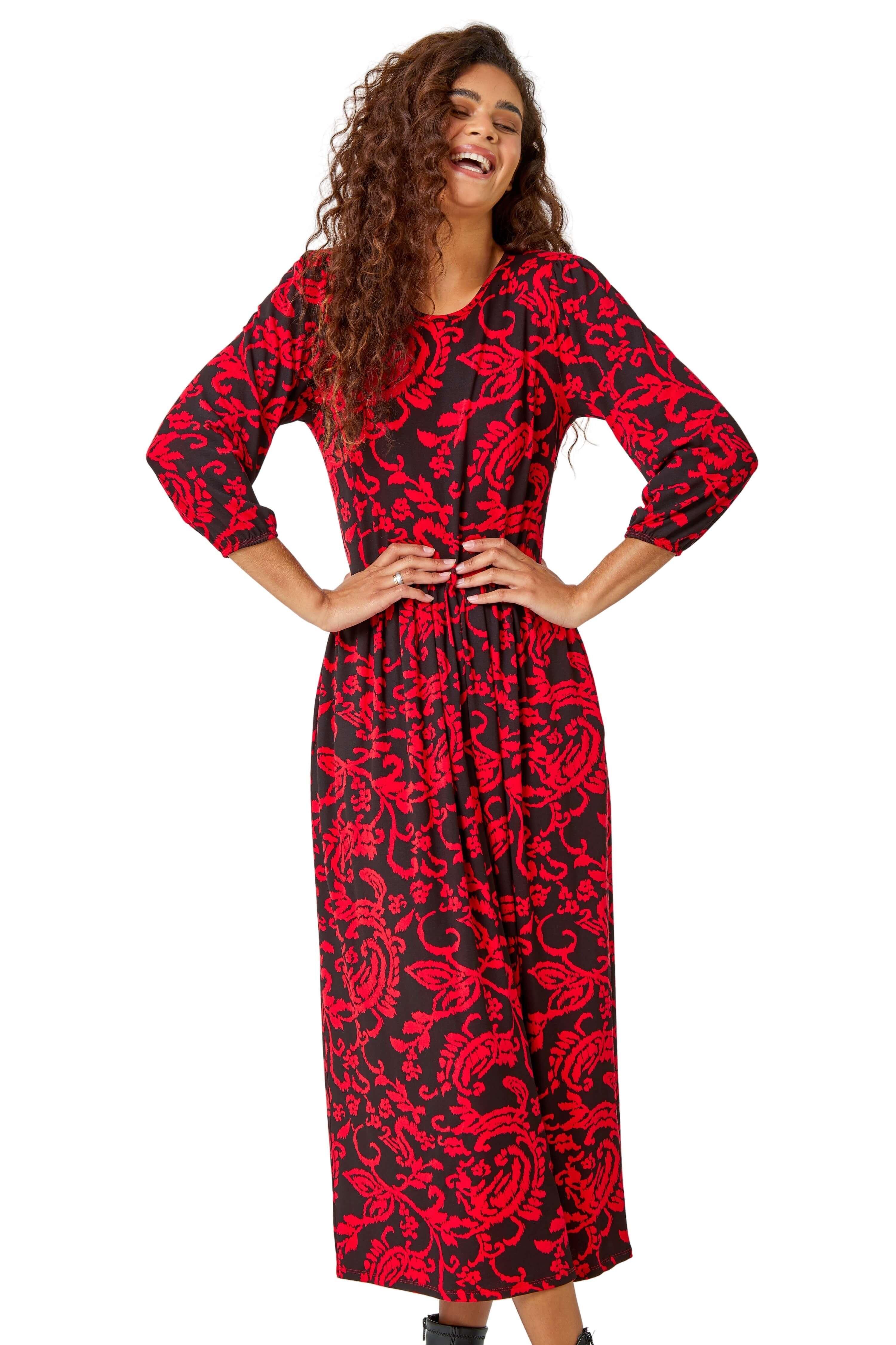 Эластичное платье миди с карманами и принтом пейсли Roman, красный
