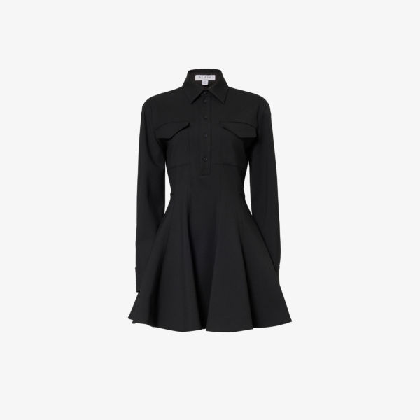 Платье мини из эластичной шерсти с расклешенным подолом и воротником-стойкой Alaia, цвет noir alaia