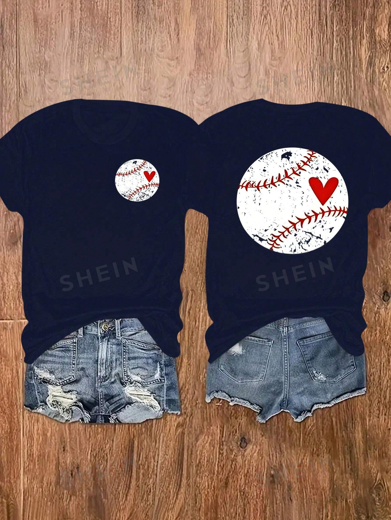 SHEIN Essnce Женская бейсбольная футболка с круглым вырезом и короткими рукавами с принтом сердца, темно-синий