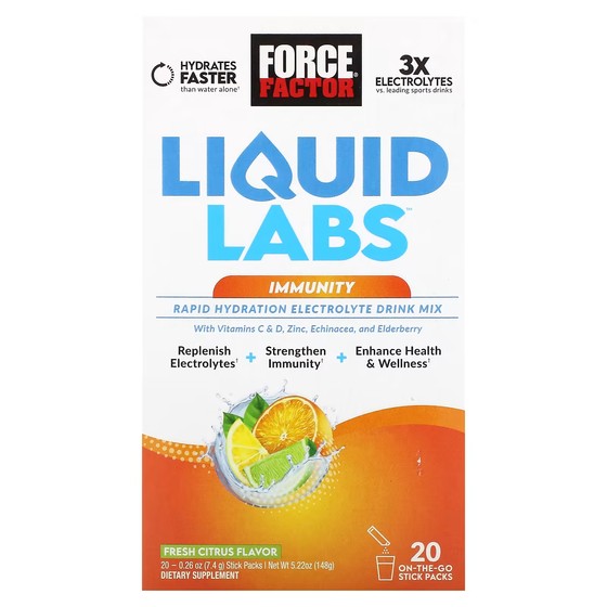 цена Смесь электролитов Force Factor Liquid Labs Immunit для быстрого увлажнения, свежие цитрусовые, 20 стик-пакетов по 7,4 г