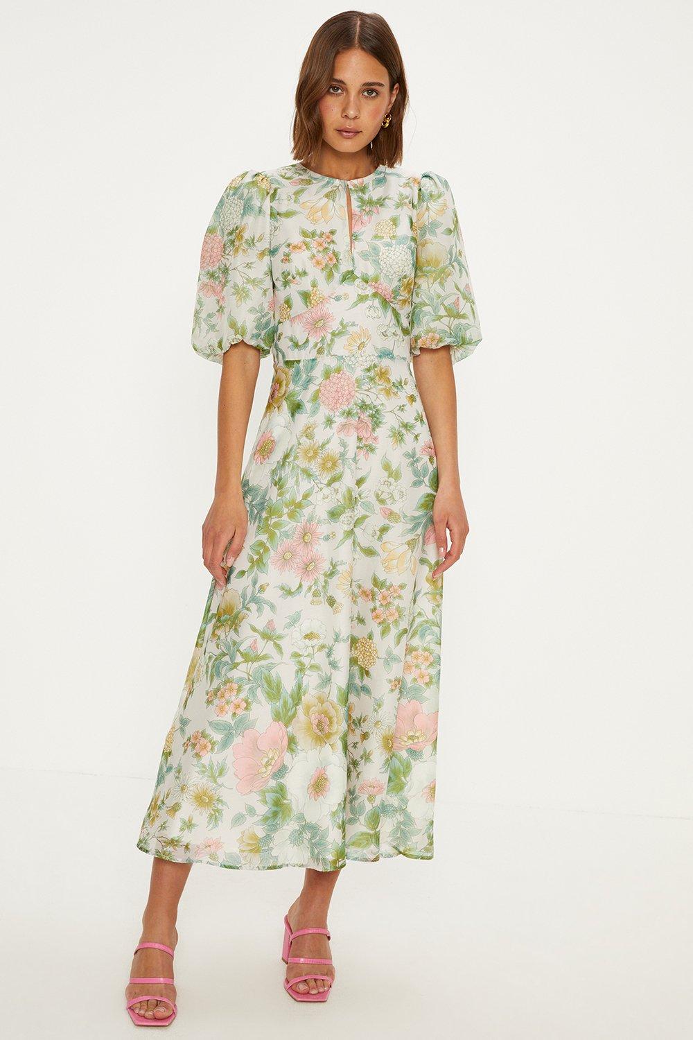 Платье миди из органзы с цветочным принтом и вырезом в виде замочной скважины Oasis, белый