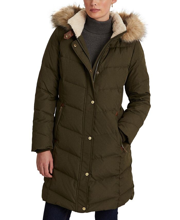 

Женский пуховик с отделкой из искусственного меха и капюшоном Lauren Ralph Lauren, зеленый
