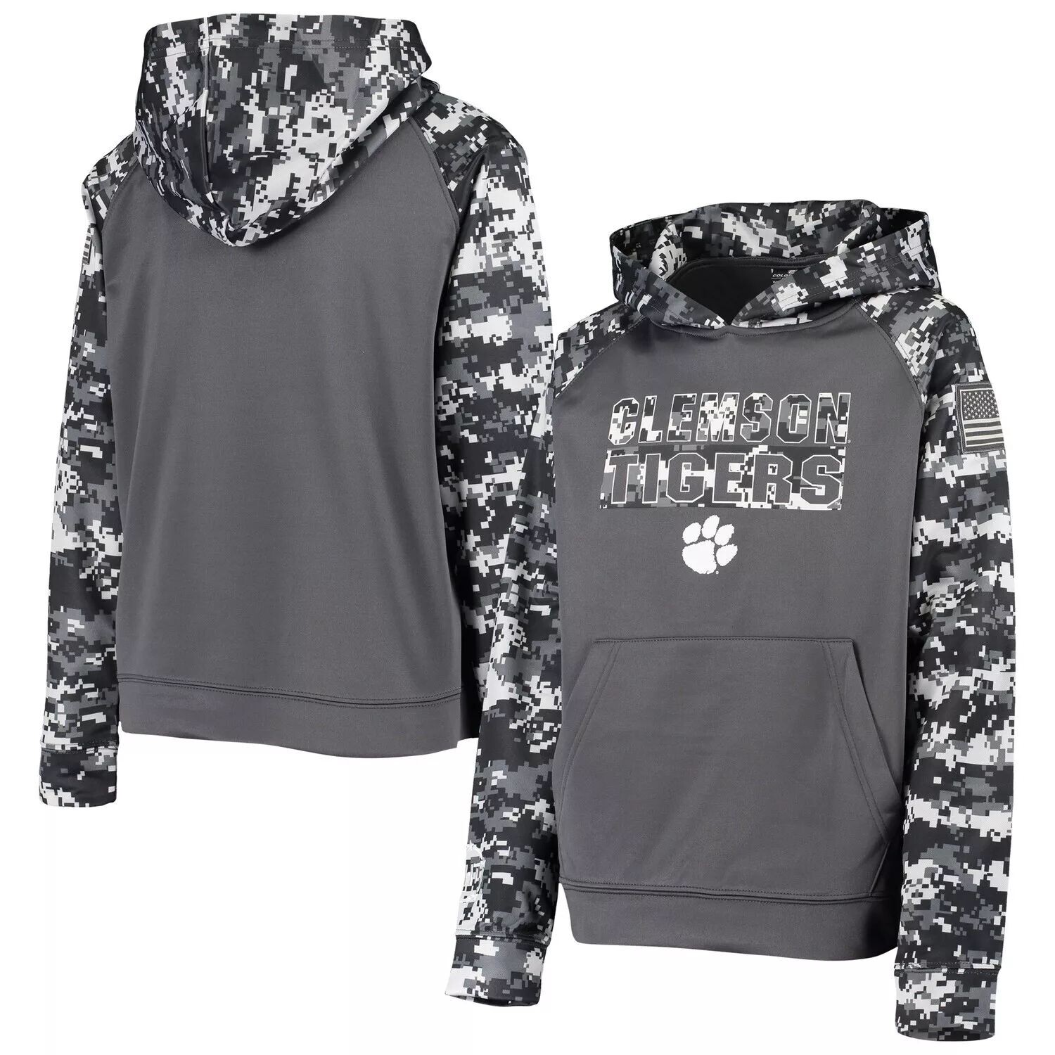 

Молодежный Colosseum Charcoal Clemson Tigers OHT Military Appreciation Digital Camo Пуловер реглан с капюшоном Colosseum