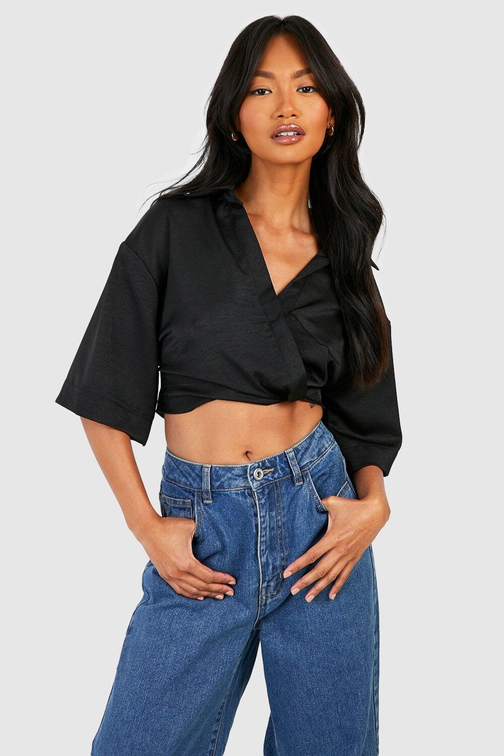 

Укороченная атласная рубашка Boohoo, черный