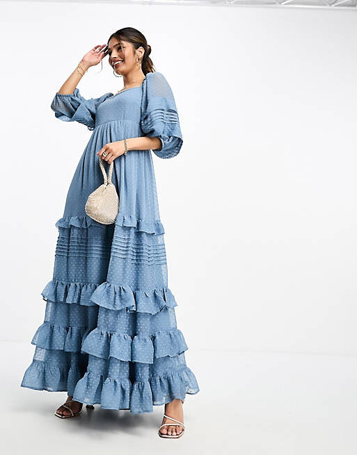 

Темно-синее платье макси с оборками и защипами на подоле ASOS DESIGN