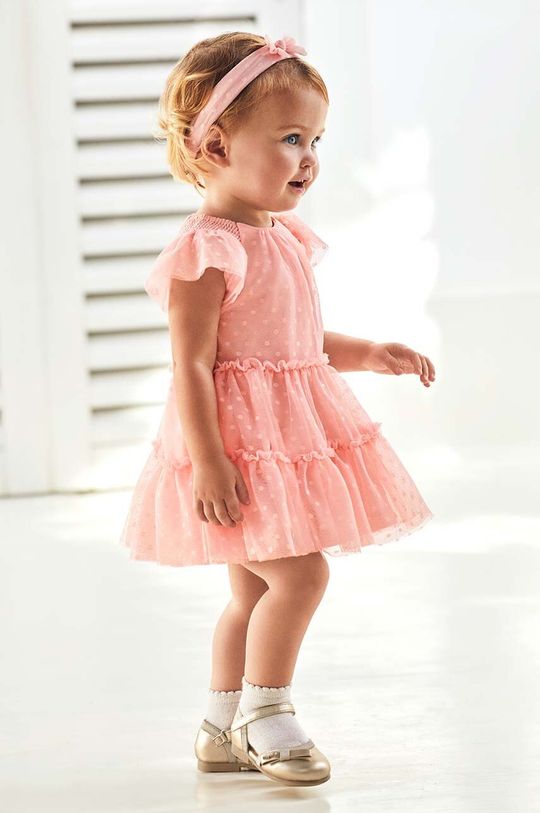 Mayoral Детское платье, розовый платье детское кружевное длинное тюлевое для крещения с повязкой на голову белое цвета слоновой кости для маленьких девочек