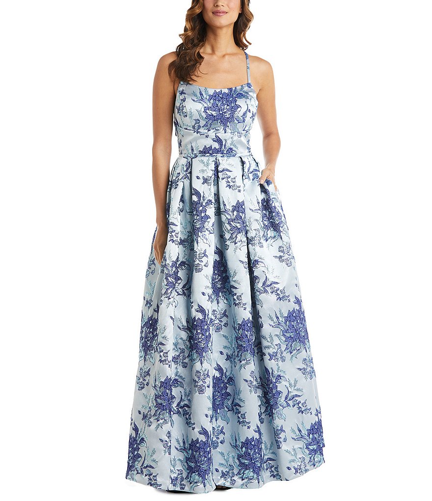 Длинное парчовое бальное платье без рукавов со складками Morgan & Co., синий